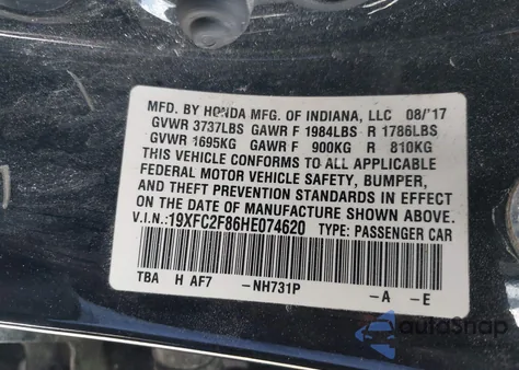 2017 Honda Civic Ex from USA, damaged, VIN 19XFC2F86HE074620